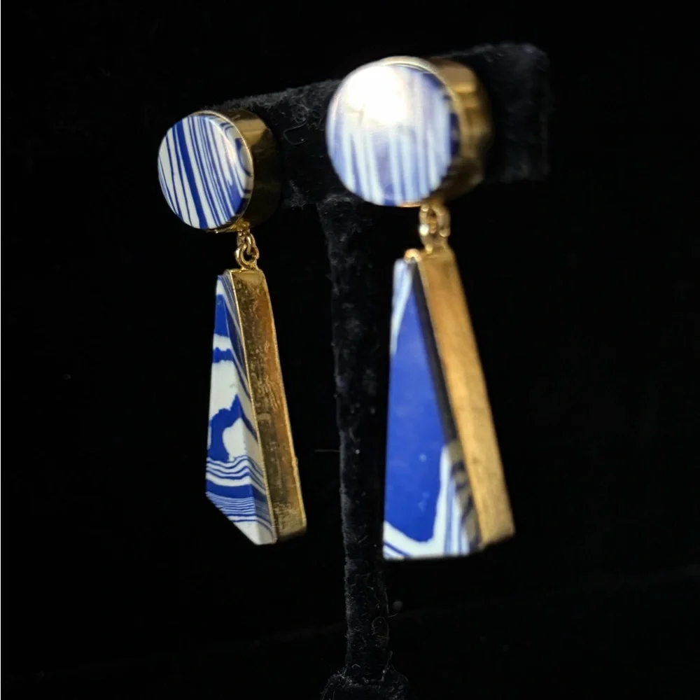 Blue and White Patterned Triangle Gold Border Dangling Statement Post Earrings - Picture 10 of 16